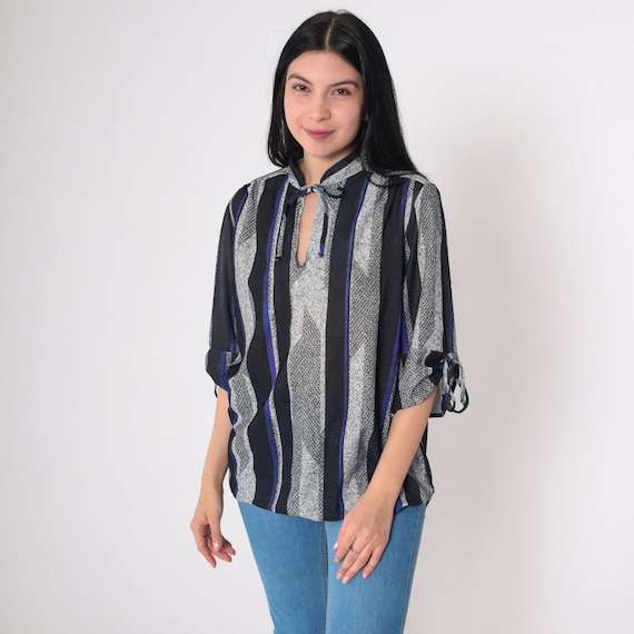 Striped Blouse 70s Keyhole Top Vertical Stripes Flecked Print Shirt 3/4 Sleeve Tie Cutout Boho Black Blue Grey Vintage 1970s Extra Large xl