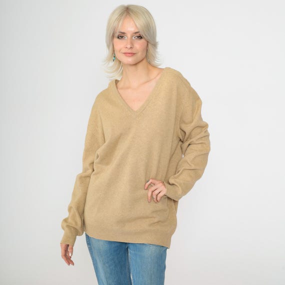 Vintage Beige V Neck Sweater Men's 80s Knit Pullover Slouchy Plain Normcore 1980s Basic Layering Knitwear Jumper Extra Large xl