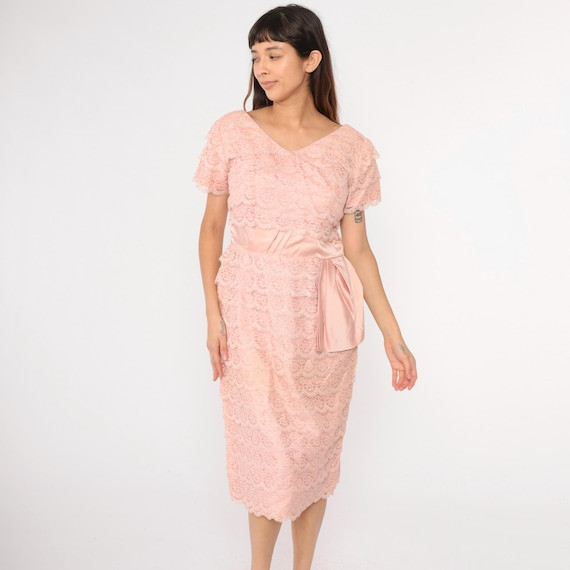 Vintage Lace Cocktail Dress 60s Pink Midi Party 1960s Satin Trim Wiggle Hourglass Formal Evening High Waist Mad Men Medium Large