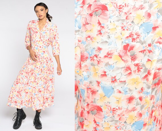 80s Floral Dress Patterned Shirtdress Midi Dress Bohemian Button Up Summer Dress Vintage Boho High Waisted 1980s 3/4 Sleeve Small Medium