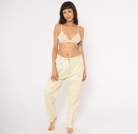 80s Cream Leather Pants Pleated Front Trousers Straight Leg White Slacks Belt Loop Tapered Off White Vintage Bottoms Grunge Alternative