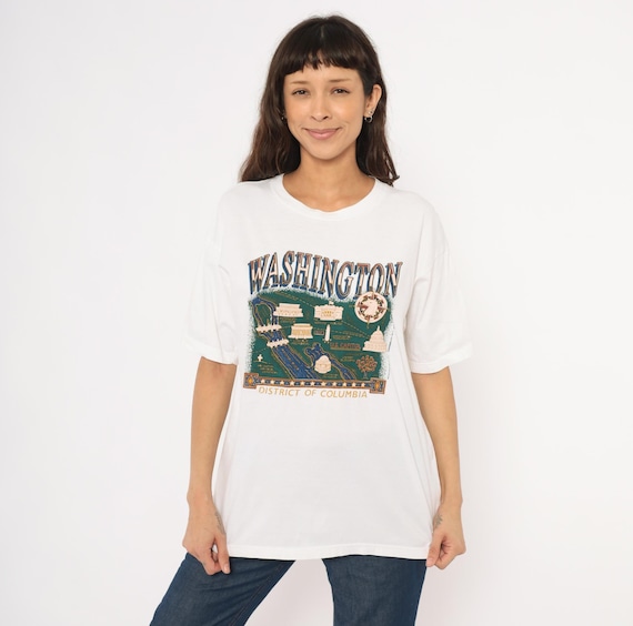 90s Washington DC Souvenir Tee White Cotton Graphic Map Print Tourist Travel Destination City Landmark Capitol Ivory Vacation Shirt Large L