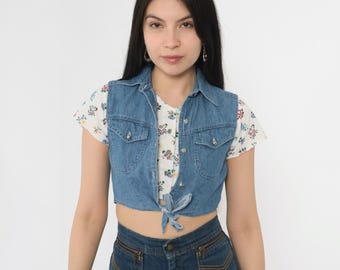 Vintage 90s Floral Crop Top Attached Jean Vest Twofer Cropped Shirt Tie Waist Button Up Blouse 1990s Short Sleeve Blue White 2xs xxs