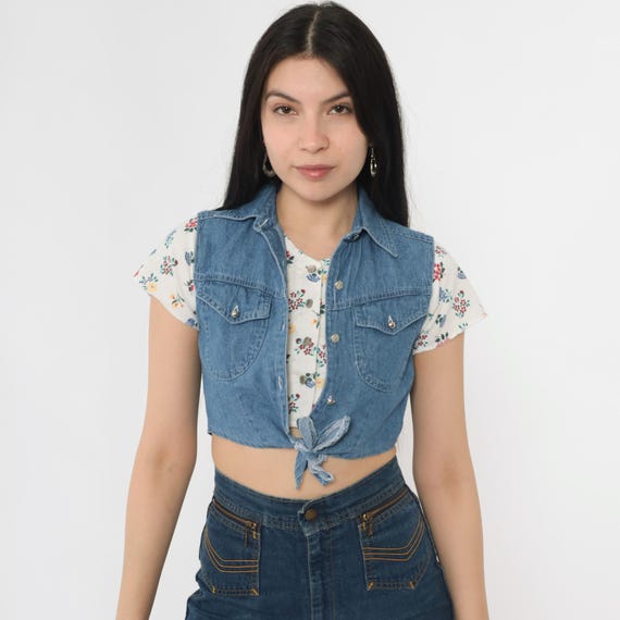 Vintage 90s Floral Crop Top Attached Jean Vest Twofer Cropped Shirt Tie Waist Button Up Blouse 1990s Short Sleeve Blue White 2xs xxs