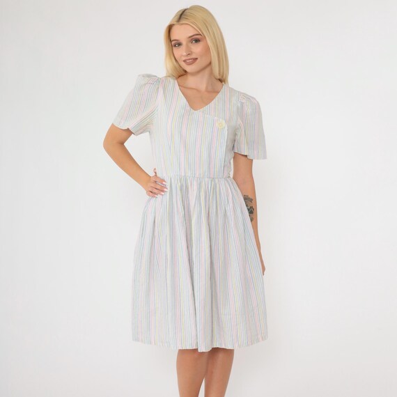 80s Striped Puff Sleeve Dress Pastel Midi Dress High Waisted Button Up V Neck Fairy Kei Green Pink Blue Vintage 1980s Extra Small xs