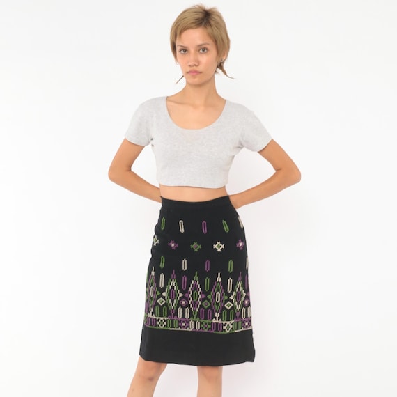 60s Embroidered Skirt Black Wool Cross Stitch Purple Green Geometric Border A Line Folk Dark Academia Grunge Witchy Vintage Extra Small XS
