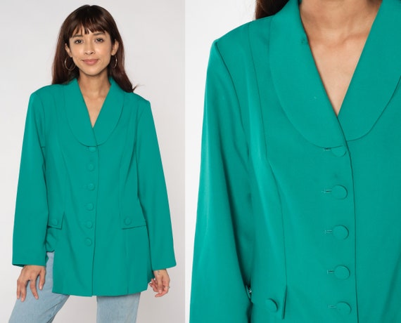 Green Blazer 90s Button Up Jacket Preppy Formal Rounded Collar Office Jacket Professional Basic Secretary Coat Retro Vintage 1990s Large L