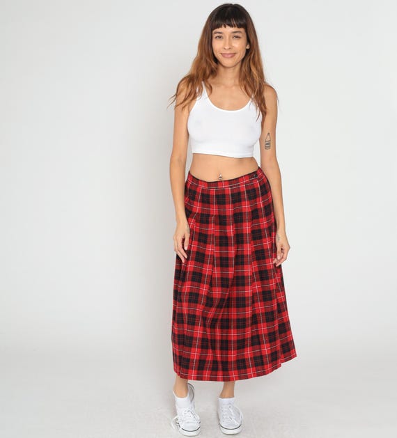 Red Plaid Skirt 80s Pendleton Wool Pleated Tartan Black Preppy Academic School Girl Dark Academia Winter Vintage Feminine Extra Large XL