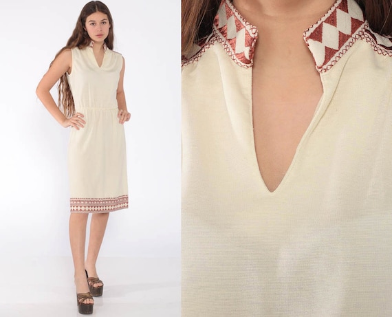 Cream Midi Dress 70s Boho Tribal Trim High Waisted Geometric Copper Brown Diamond 1970s Vintage Sleeveless Bohemian Retro Extra Small xs s