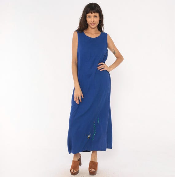 90s Fish Embroidered Dress Cobalt Linen Maxi Blue Aquatic Novelty Print Back Button Slit Summer Tropical Vacation Tank Navy Medium Large ML