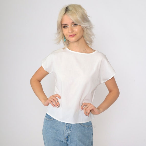 90s White Cap Sleeve Top Minimalist Vintage Semi-Sheer Shirt Simple Classic Blouse Basic Solid Casual Retro Summer Retro TShirt 1990s Small