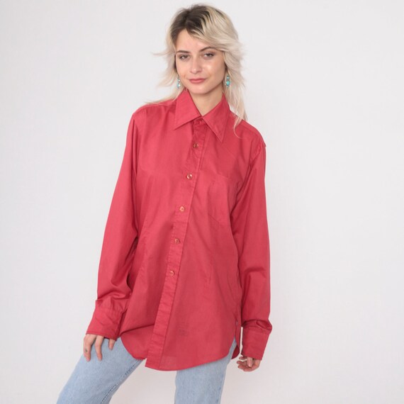 70s Button Up Shirt Red Pointed Dagger Collar Top Long Sleeve Retro Basic Disco Shirt Plain Seventies Vintage 1970s Men's 15 1/2 Medium