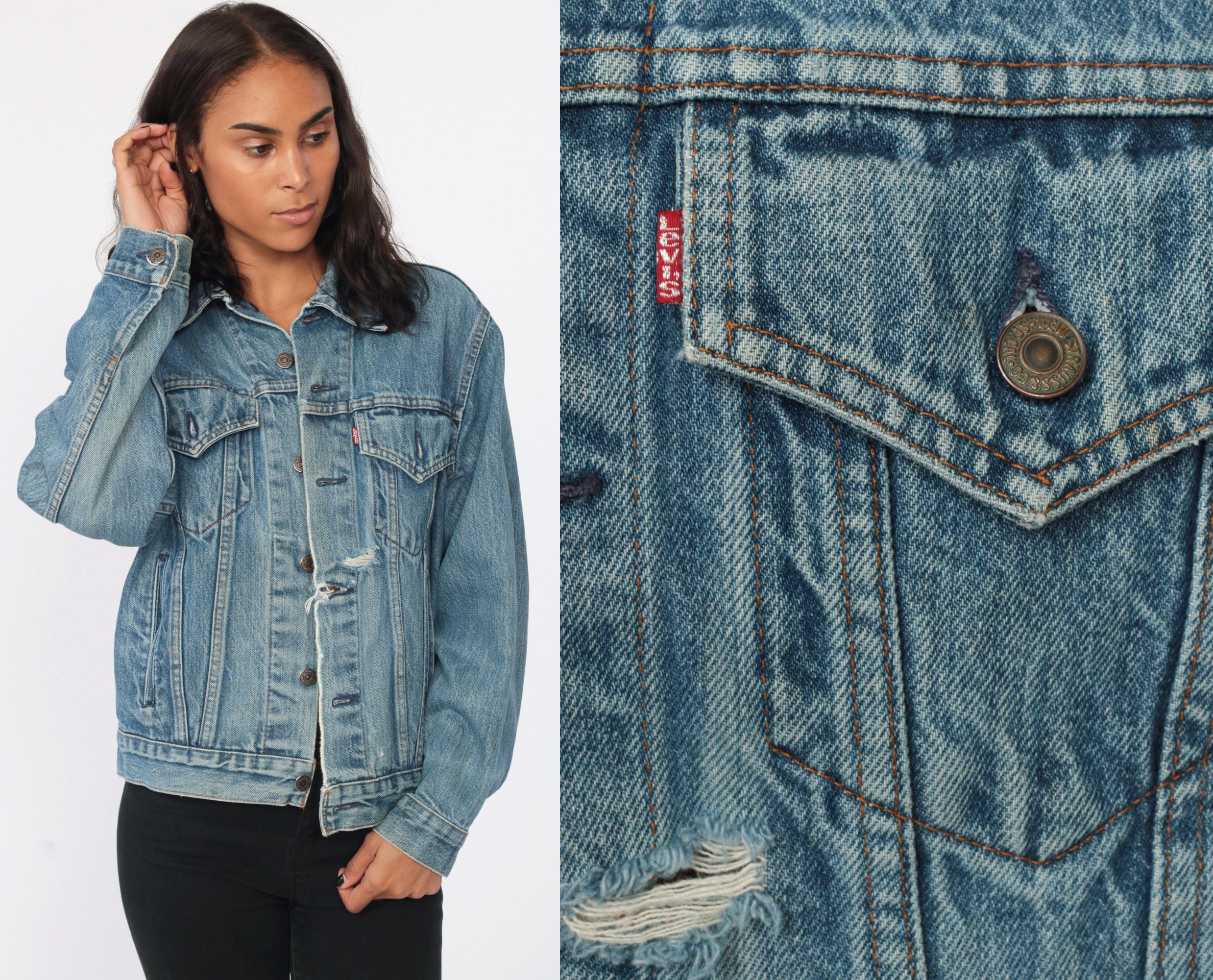 Levis Jean Jacket 80s Distressed Denim Jacket Faded RIPPED Levi Strauss Coat  90s Blue Vintage Oversized Biker Grunge Retro Small