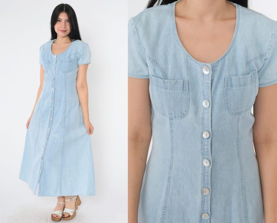 Vintage 90s Denim Dress Blue Jean Button Up Shirtdress Midi Short Sleeve Grunge Scoop Neck Shirt Dress A-Line Casual 1990s Small S Vintage 90s Denim Dress Blue Jean Button Up Shirtdress Midi Short Sleeve Grunge Scoop Neck Shirt Dress A-Line Casual 1990s Small S