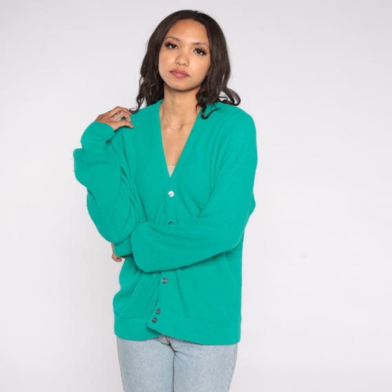 Green Cardigan Sweater -- 80s Par Four Button Up Grunge Grandpa Slouchy Boho Vintage 1980s Retro Nerd Bohemian Plain Medium