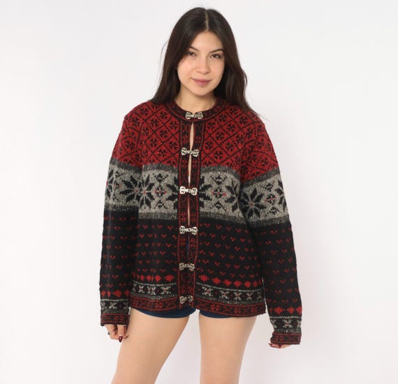 90s Nordic Clasp Cardigan Fair Isle Wool Blend Snowflake Knit Black Grey Sweater Folk Holiday Winter Autumn Croft Barrow Vintage Medium M