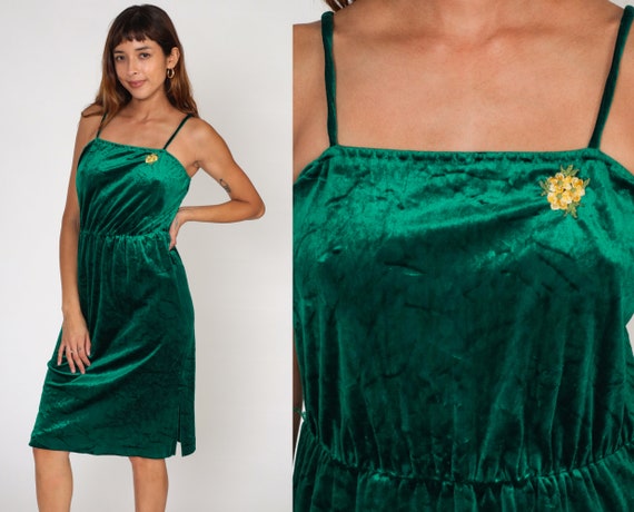 Green Velour Dress 70s Velvet Party Dress Floral … - image 1