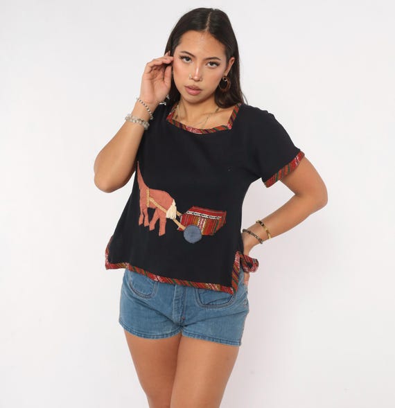 Y2K Bohemian Embroidered Top Black Cotton Horse n Wagon Applique Red Woven Stripe Trim Crop Animal Novelty Blouse Hippie Folk Shirt Medium M