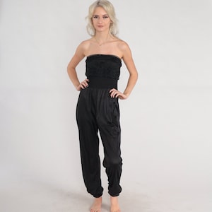 Black Lingerie Jumpsuit 80s Strapless Smocked Lace Romper Pants High Waisted Retro Sexy Romantic Nylon Genie Vintage 1980s Medium Large