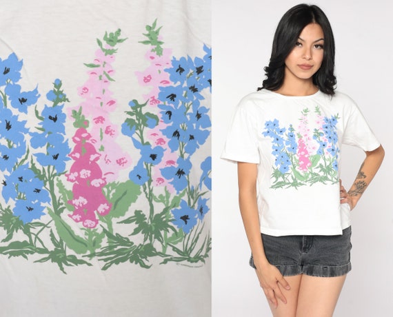 Floral T Shirt 90s Floral Tee White Pink Graphic Tshirt Short Sleeve TShirt Flower Print Shirt 1990s Vintage Small S