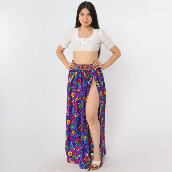 Vintage 70s Flower Power Skirt Rainbow High Front Slit  Bright Floral Bohemian Maxi High Waist Hippie 1970s Boho Bohemian Retro Small xs