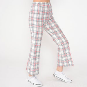 60s Plaid Pants White Flared Tartan Trousers High Waisted Red Navy Blue Checkered Mod 1960s Checker Print Vintage Golf Preppy Extra Small xs