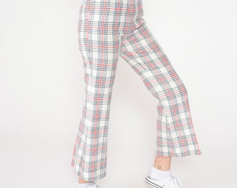 60s Plaid Pants White Flared Tartan Trousers High Waisted Red Navy Blue Checkered Mod 1960s Checker Print Vintage Golf Preppy Extra Small xs