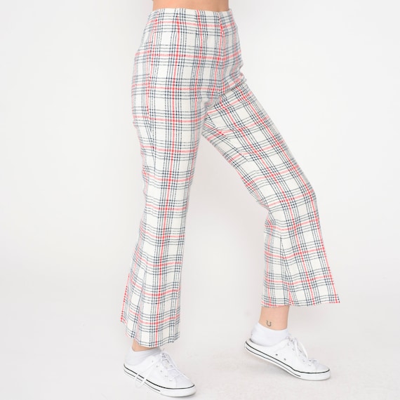 60s Plaid Pants White Flared Tartan Trousers High Waisted Red Navy Blue Checkered Mod 1960s Checker Print Vintage Golf Preppy Extra Small xs
