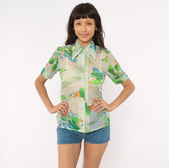 70s Sheer Floral Shirt Green Blue Orange Botanical Button Front Pointed Collar Short Sleeve Blouse Mint Chiffon Top Fairycore Summer Small S