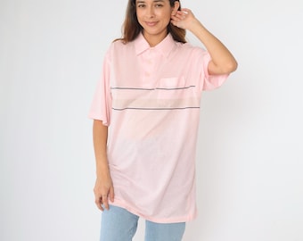 Koszulka polo w paski w kolorze różowym, męska, rozmiar XL, wysoka, z kołnierzykiem z lat 90., półprzezroczysta, pastelowa, z krótkim rękawem, elegancka, retro, swobodna, z lat 90., bardzo duża