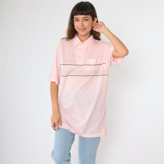 Vintage Pink Striped Polo Shirt Men's XL Tall 90s Collared Semi-Sheer Pastel Short Sleeve Top Preppy Retro Casual 1990s Extra Large