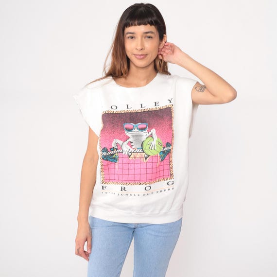 Volleyball Frog Tee 90s Sleeveless Muscle T-shirt White Cotton Sports Top Jungle Crew Neck Athletic Gym Wear Vintage Sporty Casual Large L