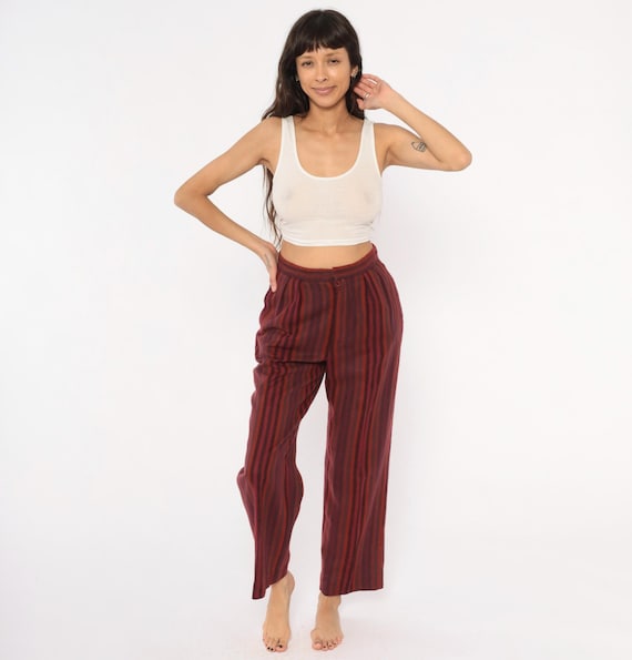 Burgundy Striped Trousers 70s High Waist Pleated Front Tapered Leg Wine Cranberry Stripe Pants Dark Academia Slacks Straight Vintage Small S
