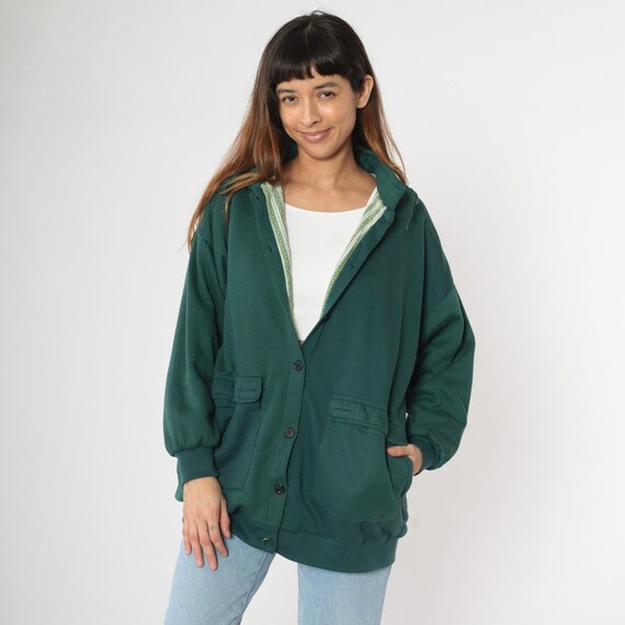 Vintage Sweatshirt Jacket 90s Green Cargo Pocket Drawstring Neck Button Up Oversized Fit Gottschalks 1990s Women's Large L