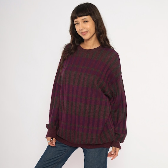 Plaid Knit Sweater 80s Burgundy Grey Checkered Pullover Crewneck Wool Blend Purple Charcoal Striped Grandpa Top Vintage Extra Large XL