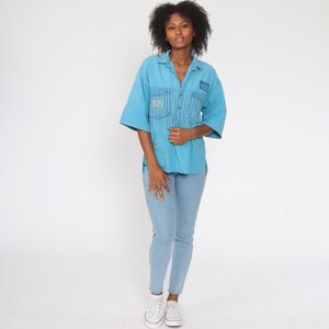 Blue Tropical Shirt 90s PALM TREE Shirt Hawaiian Distressed SURFER Button Up Shirt 1990s Summer Top Striped Beach Sea Medium Large image 2