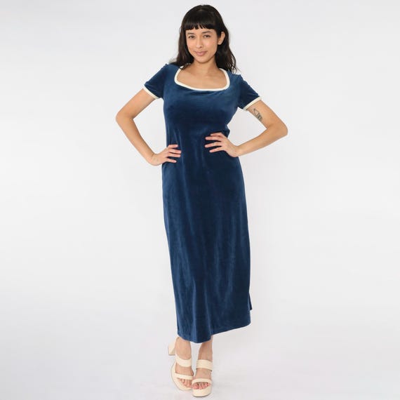 Vintage Velour Lounge Dress 70s Navy Blue Bodycon Maxi Gown Cream Ringer Trim Scoop Neck Short Sleeve 80s Soft Stretch Minimalist Medium M
