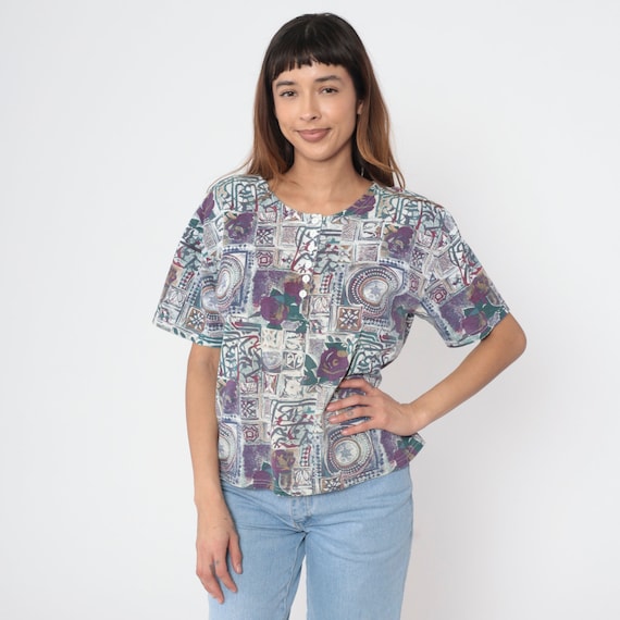 Floral Henley Shirt 90s Purple Floral Mandala Print Short Sleeve Top Flower Quarter Button Up T Shirt 1990s Vintage Casual Tshirt Large L