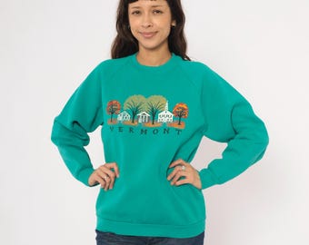 90s Vermont Sweatshirt Teal Fall Autumn Village Scenic Print Pullover Cotton Green Graphic Souvenir Travel Tourist Unisex Crew Neck Large L