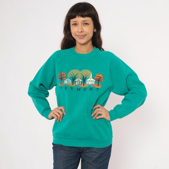 90s Vermont Sweatshirt Teal Fall Autumn Village Scenic Print Pullover Cotton Green Graphic Souvenir Travel Tourist Unisex Crew Neck Large L