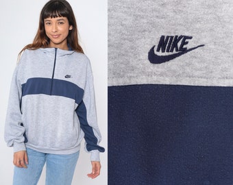 Grey Nike Sweatshirt 90s Quarter Zip Blue Striped Sports Shirt Nike Swoosh 1990s Streetwear Pullover Vintage Athleisure Extra Large xl