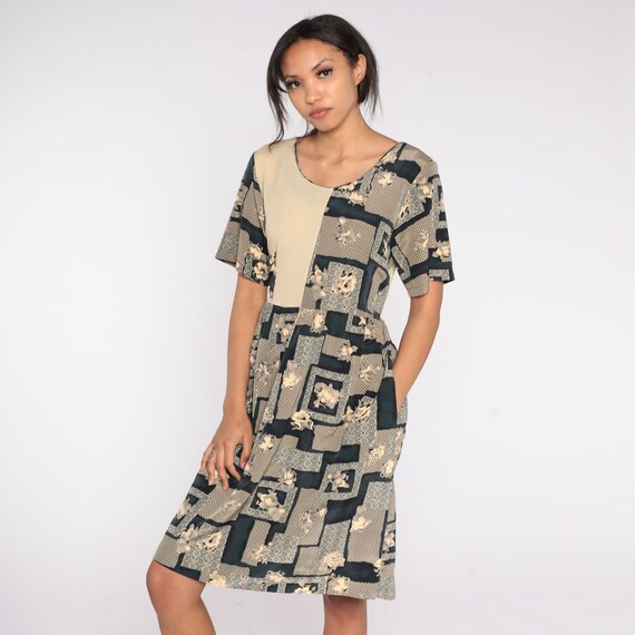 90s Floral Dress Beige Geometric Midi Grunge Dress Boho Summer Bohemian High Waist 1990s Vintage Taupe Short Sleeve Medium