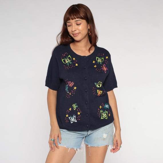 Embroidered Butterfly Cardigan 90s Navy Blue Flowers Colorful Short Sleeve Button Front Fairycore Coquette Knit Sweater Vintage Large L