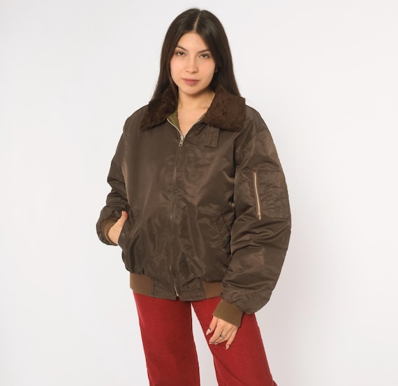 70s Bomber Jacket Brown Kingsport Aviator Flight Coat Olive Lined Sleeve Snap Pocket Chocolate Pilot Dark Academia Unisex Womens Medium M