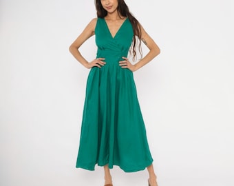 Vestido de lino color verde azulado de los 80, sin mangas, con escote cruzado, corpiño cruzado, largo midi, verde esmeralda, escote en V, corte ajustado, falda amplia, estilo pin-up vintage, verano, primavera, talla pequeña S