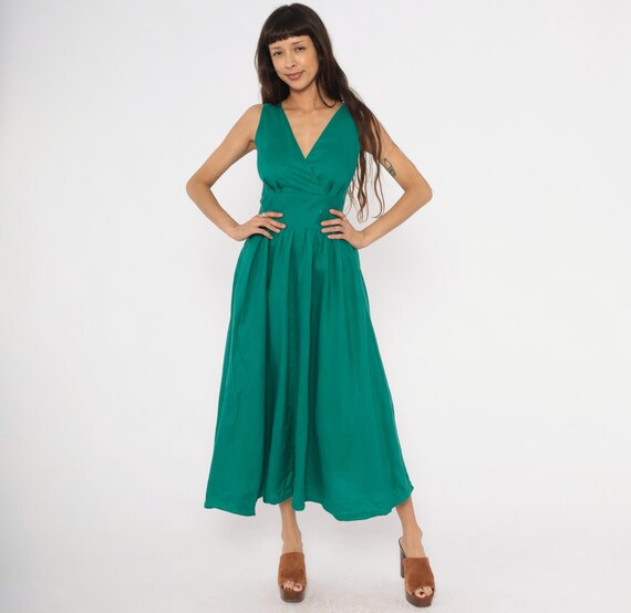 80s Teal Linen Dress Sleeveless Surplice Wrap Bodice Midi Emerald Green V Neck Fit Flare Full Skirt Summer Spring Pin Up Vintage Small S