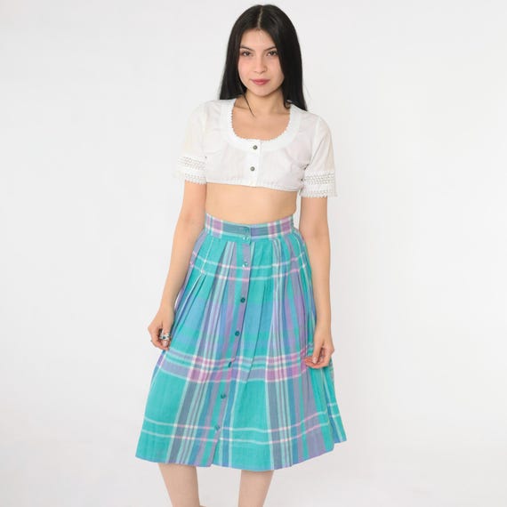 Vintage Plaid Midi Skirt 80s Turquoise Button Up Checkered Skirt Purple Blue Cotton Summer Skirt High Waisted 1980s Extra Small xs