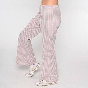 70s Houndstooth Pants Flared Trousers High Waisted Bell Bottoms Pastel Pink Green Checkered Seventies Flares Vintage 1970s Small Medium image 4