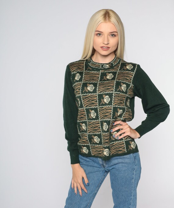 Dark Green Floral Sweater 80s 90s Striped Flower Rose Print Sweater Angora Blend Knit Pullover Boho Hippie Girly Crewneck Vintage Small S