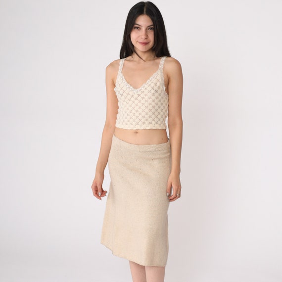 Knit Pencil Skirt 80s Metallic Beige Skirt Sparkly High Waisted Sweater Skirt Midi Light Cream 1980s Vintage Small Medium